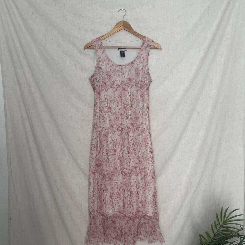 Vintage Believe Floral Pink Beige Sheer Ruffle Hem Dress Women's Size 10 - Picture 2 of 8